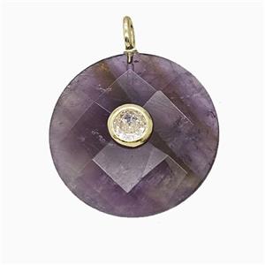 Natural Purple Amethyst Circle Pendant Pave Zirconia Faceted, approx 25mm