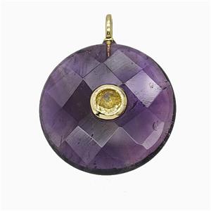 Natural Purple Amethyst Circle Pendant Pave Zirconia Faceted, approx 25mm