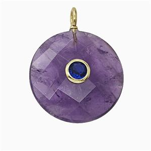 Natural Purple Amethyst Circle Pendant Pave Zirconia Faceted, approx 25mm