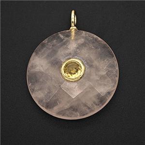 Natural Pink Rose Quartz Circle Pendant Pave Zirconia Faceted, approx 25mm