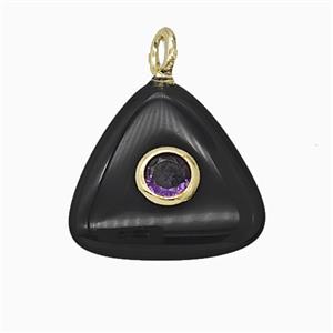Natural Black Obsidian Triangle Pendant Pave Zirconia, approx 20mm
