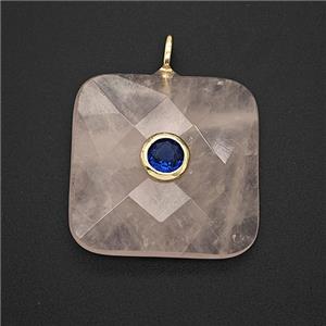 Natural Pink Rose Quartz Square Pendant Pave Zirconia Faceted, approx 25mm