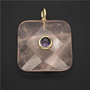 Natural Pink Rose Quartz Square Pendant Pave Zirconia Faceted, approx 25mm