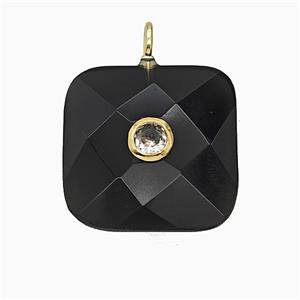 Natural Black Obsidian Square Pendant Pave Zirconia Faceted, approx 25mm
