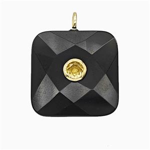 Natural Black Obsidian Square Pendant Pave Zirconia Faceted, approx 25mm
