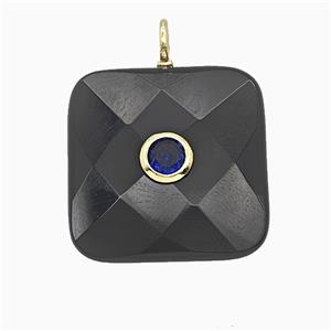 Natural Black Obsidian Square Pendant Pave Zirconia Faceted, approx 25mm