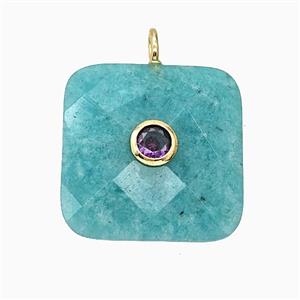 Natural Green Amazonite Square Pendant Pave Zirconia Faceted, approx 25mm