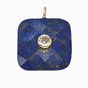 Natural Blue Lapis Lazuli Square Pendant Pave Zirconia Faceted, approx 25mm