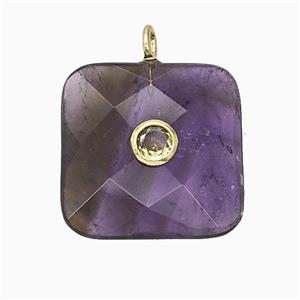 Natural Purple Amethyst Square Pendant Pave Zirconia Faceted, approx 25mm