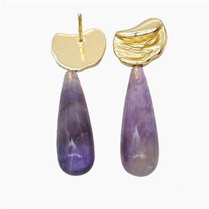 Purple Amethyst Teardrop Copper Stud Earrings Gold Plated, approx 8-33mm