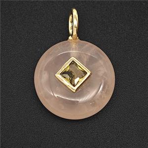 Natural Pink Rose Quartz Coin Pendant Pave Zirconia, approx 16mm