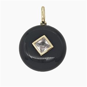 Natural Black Obsidian Coin Pendant Pave Zirconia, approx 16mm