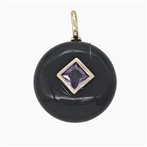 Natural Black Obsidian Coin Pendant Pave Zirconia, approx 16mm