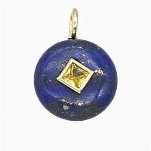 Natural Blue Lapis Lazuli Coin Pendant Pave Zirconia, approx 16mm