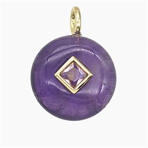 Natural Purple Amethyst Coin Pendant Pave Zirconia, approx 16mm