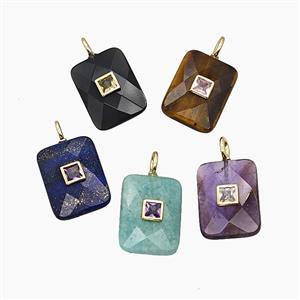 Natural Gemstone Rectangle Pendant Pave Zirconia Faceted Mixed, approx 15-20mm