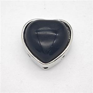 Black Obsidian Alloy Heart Beads Platinum Plated, approx 18mm