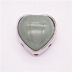 Green Aventurine Alloy Heart Beads Platinum Plated, approx 18mm