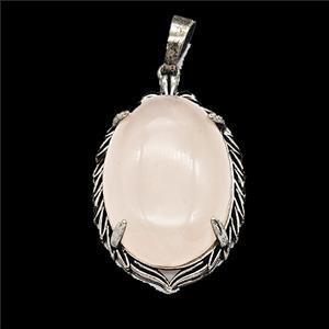 Pink Rose Quartz Alloy Oval Pendant Antique Silver, approx 20-30mm