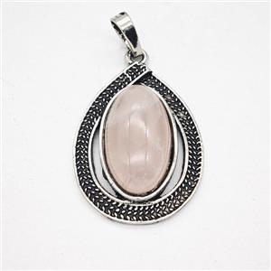 Pink Rose Quartz Alloy Teardrop Pendant Antique Silver, approx 20-27mm