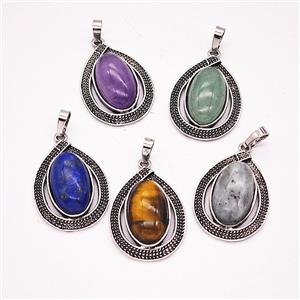 Natural Gemstone Alloy Teardrop Pendant Antique Silver Mixed, approx 20-27mm