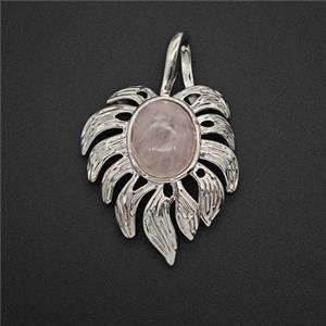 Alloy Leaf Pendant Pave Rose Quartz Antique Silver, approx 20-30mm