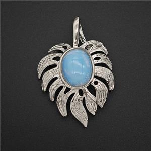 Alloy Leaf Pendant Pave Blue Dye Jade Antique Silver, approx 20-30mm