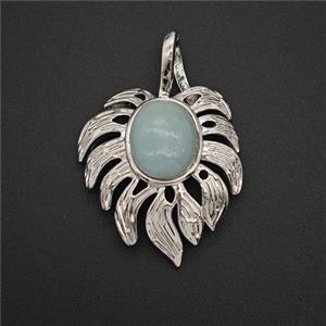 Alloy Leaf Pendant Pave Green Dye Jade Antique Silver, approx 20-30mm