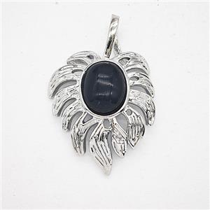 Alloy Leaf Pendant Pave Black Obsidian Antique Silver, approx 20-30mm