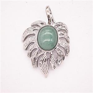 Alloy Leaf Pendant Pave Green Aventurine Antique Silver, approx 20-30mm