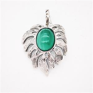 Alloy Leaf Pendant Pave Green Cateye Antique Silver, approx 20-30mm