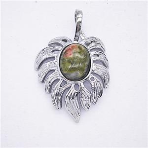 Alloy Leaf Pendant Pave Unakite Antique Silver, approx 20-30mm