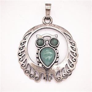 Alloy Owl Pendant Pave Green Aventurine Antique Silver, approx 33mm
