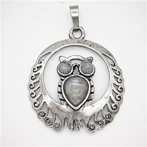 Alloy Owl Pendant Pave Labradorite Antique Silver, approx 33mm