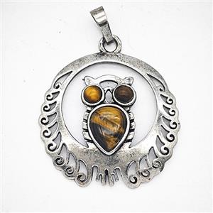 Alloy Owl Pendant Pave Tiger Eye Antique Silver, approx 33mm