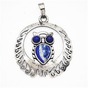 Alloy Owl Pendant Pave Lapis Lazuli Antique Silver, approx 33mm