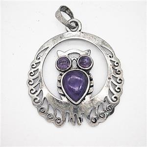 Alloy Owl Pendant Pave Purple Amethyst Antique Silver, approx 33mm