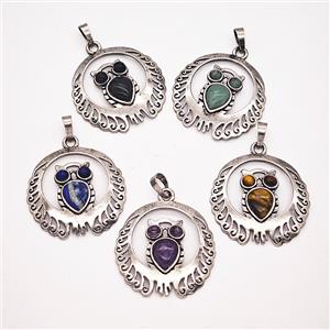 Alloy Owl Pendant Pave Gemstone Antique Silver Mixed, approx 33mm