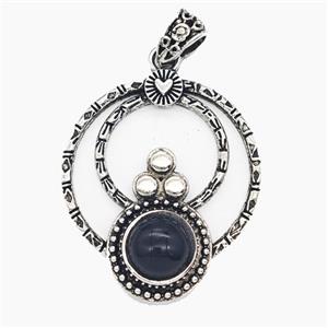 Alloy Circle Pendant Pave Black Obsidian Antique Silver, approx 35mm