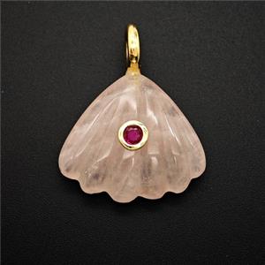 Pink Rose Quartz Scallop Shell Pendant Pave Zirconia, approx 22mm