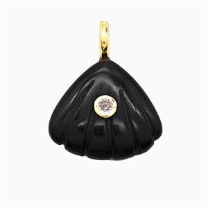 Black Obsidian Scallop Shell Pendant Pave Zirconia, approx 22mm