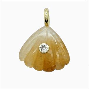 Yellow Aventurine Scallop Shell Pendant Pave Zirconia, approx 22mm