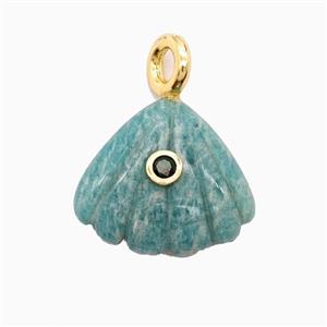 Green Amazonite Scallop Shell Pendant Pave Zirconia, approx 22mm