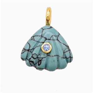 Teal Dye Howlite Turquoise Scallop Shell Pendant Pave Zirconia, approx 22mm
