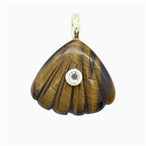 Tiger Eye Stone Scallop Shell Pendant Pave Zirconia, approx 22mm