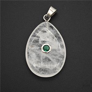 Clear Quartz Teardrop Pendant Pave Zirconia, approx 18-25mm