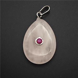 Pink Rose Quartz Teardrop Pendant Pave Zirconia, approx 18-25mm