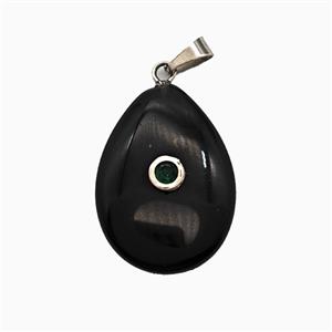 Black Obsidian Teardrop Pendant Pave Zirconia, approx 18-25mm