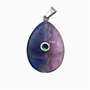 Purple Fluorite Teardrop Pendant Pave Zirconia, approx 18-25mm