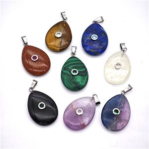 Gemstone Teardrop Pendant Pave Zirconia Flat Mixed, approx 18-25mm